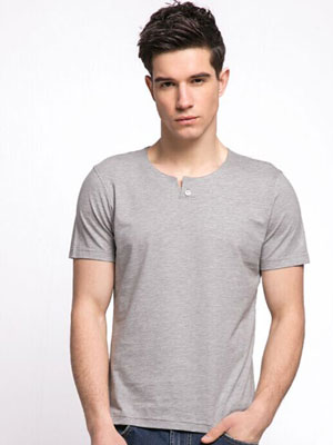Men's marl grey cotton shirts with opening V neck